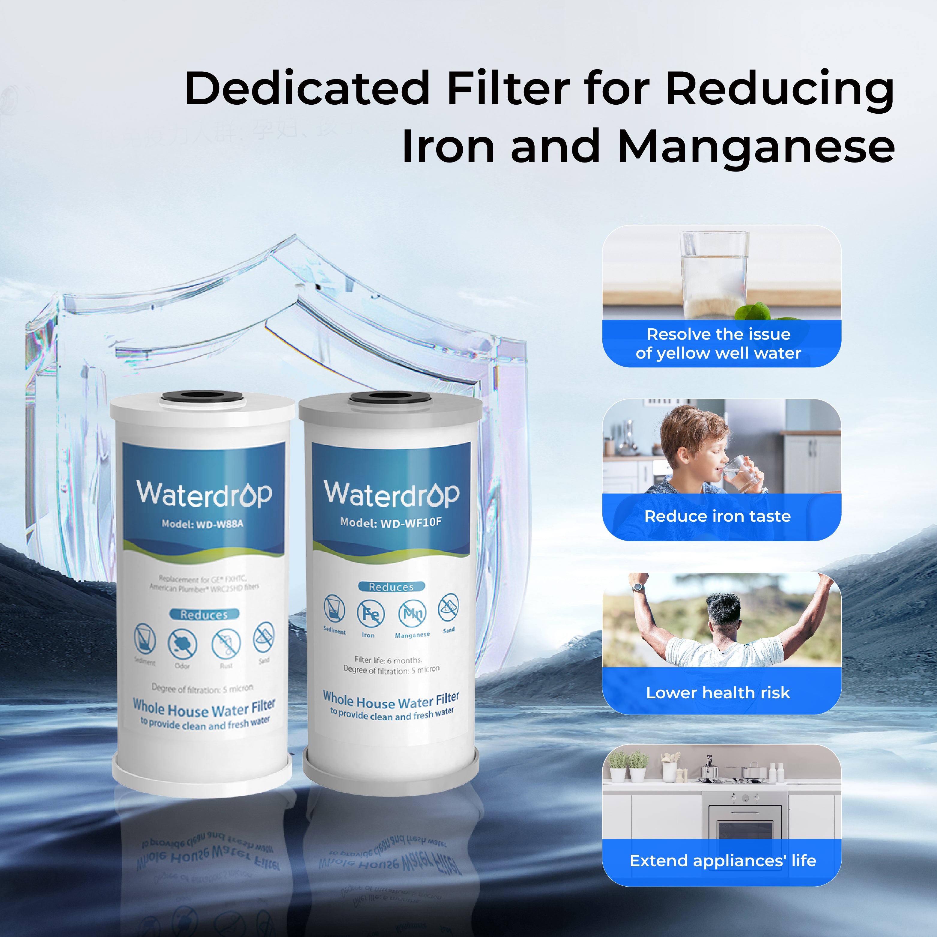 Waterdrop 2-Stage Whole House Water Filter System | Reduce Iron & Manganese